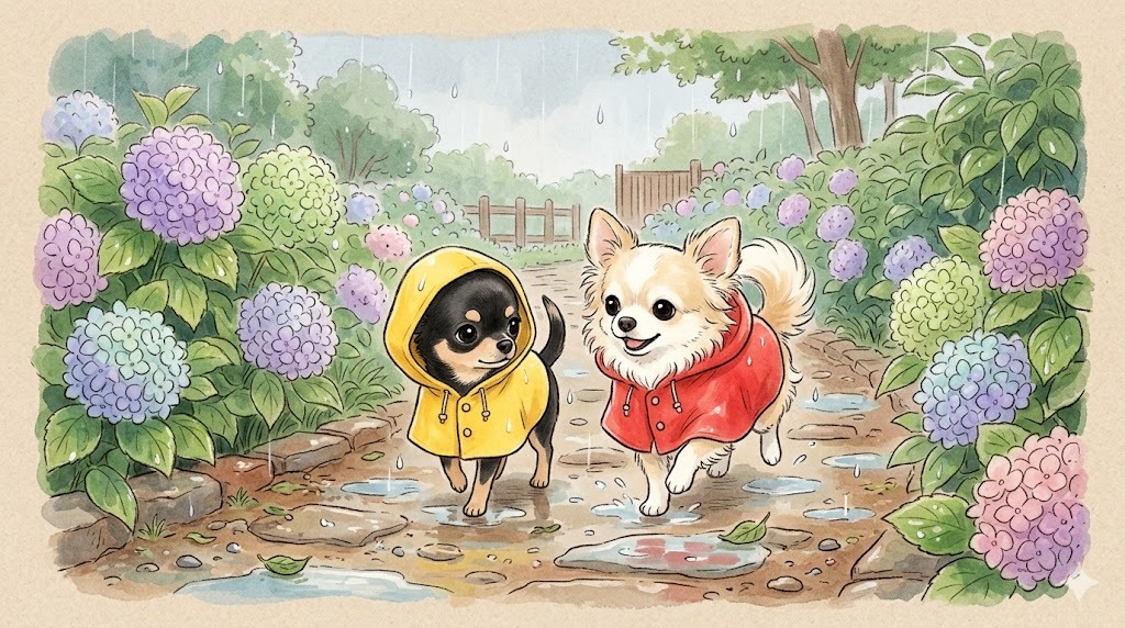 レインコートを着て雨の日のお出かけに向かうてんとくぅ