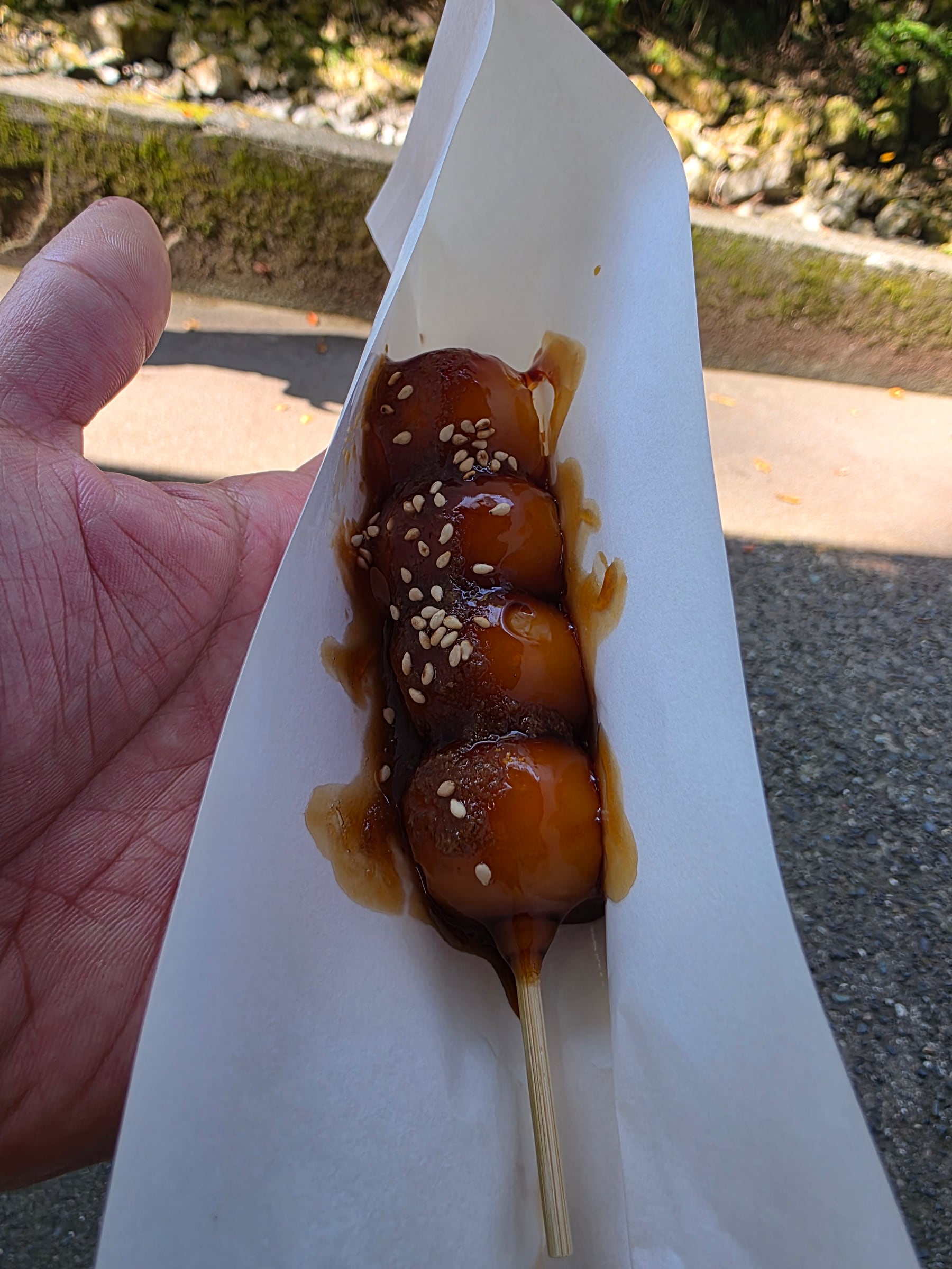 甘辛い醤油だれがかかったわさび醤油団子