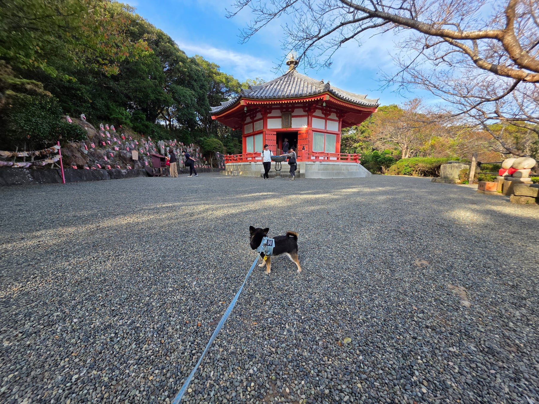 寝姿山の朱色の愛染堂と手前を歩くてん