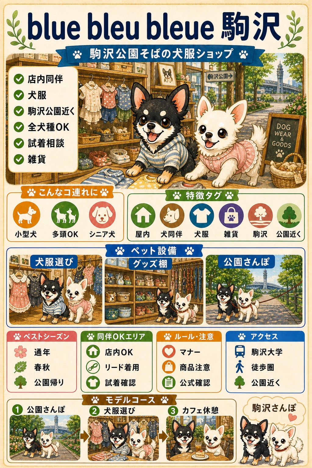 blue bleu bleue（ブルーブルーブルー）駒沢｜犬連れの要点まとめ（編集部作成）