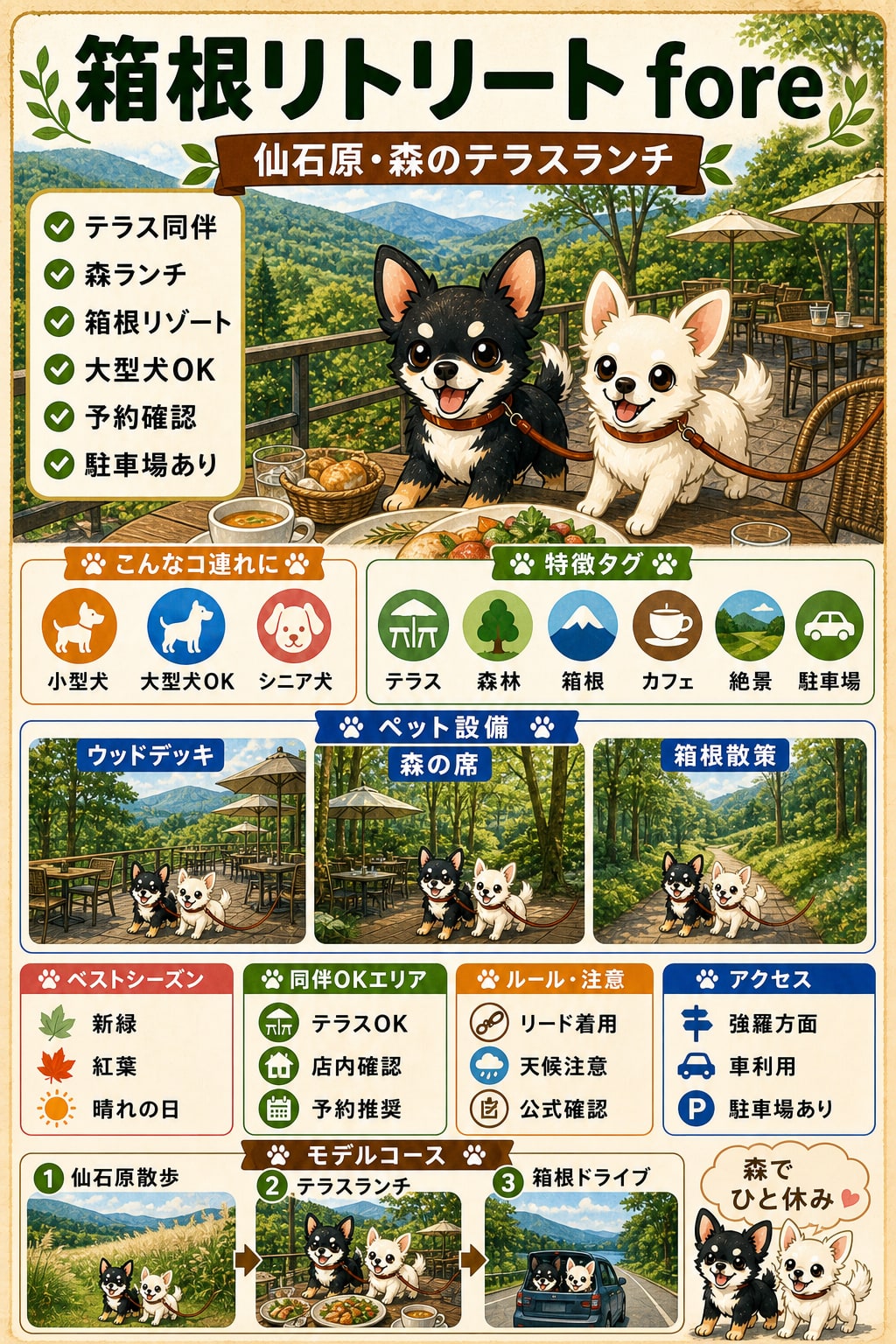 箱根リトリート fore（WOODSIDE dining）｜犬連れの要点まとめ（編集部作成）